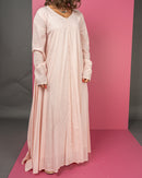 V-neck and attached back lace with klosh design long sleeves cotton kaftan 3715 - قفطان