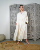 Embroidered v-neck with buttons and klosh design waist gathered with half quarter sleeves cotton kaftan 3049 - قفطان