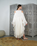 V-neck front and back embroidered with stylish klosh design and open shoulder with gathered style cotton kaftan 3119 - قفطان