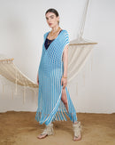 Striped Lace Up Front Fringe Cover Ups 3302 - غطاء ملابس بحر