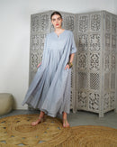 Embroidered v-neck with buttons and klosh design waist gathered with half quarter sleeves cotton kaftan 3053 - قفطان