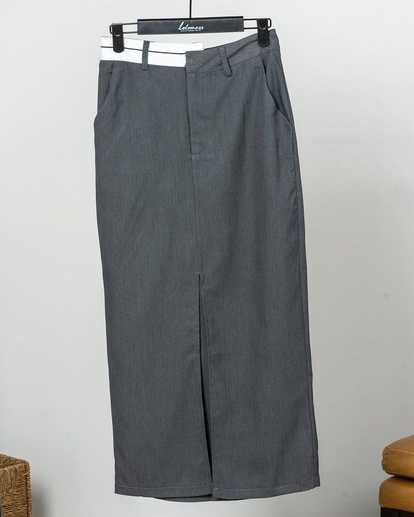 Solid Stepped Waist Split Hem Skirt 3585 - تنورة