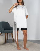 Fringe Hem Drop Shoulder Tee and Side Stylish Lace T-Shirt 3202 - بلوزة