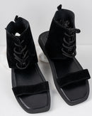 Elegant Black Faux Suede Flat Sandals, Lace up Front flat Sandals 2806 - حذاء