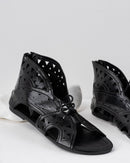Fashionable Outdoor Black Flat Sandals, Emery Rose Open Toe Lace Up Slide Sandals 2783 - حذاء