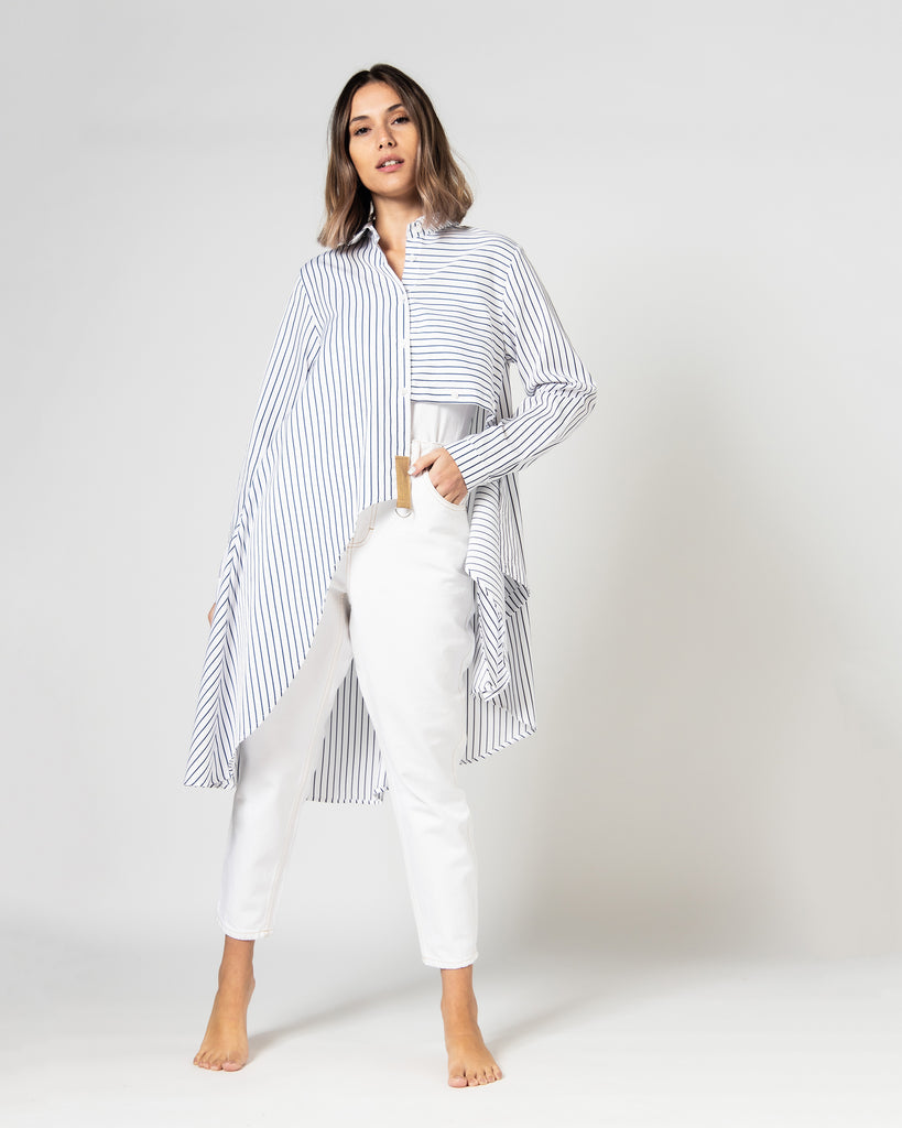 STRIPED ONE SIDE OPEN BUTTONED CUFF SLEEVES MIX COTTON BLOUSE 2252 - بلوزة