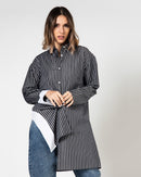 STRIPED SIDE CUT BUTTONED CUFF SLEEVES MIX COTTON BLOUSE 2253 - بلوزة