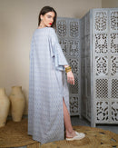 Round neck with front embroidered pocket and short sleeves embroidered stylish button cotton kaftan 2596 - قفطان