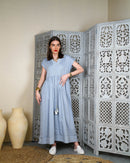 Embroidered neck and bottom design and waist gathered with tie and sleeveless cotton kaftan 2592 - قفطان