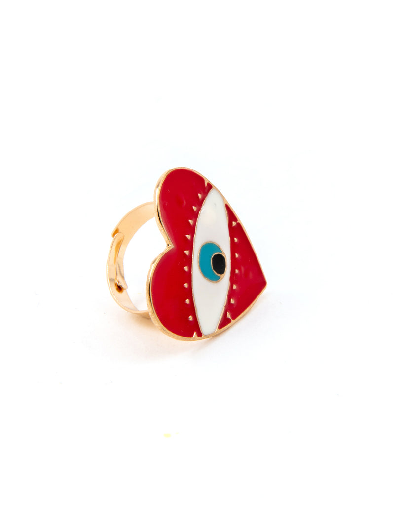 RED HEART SHAPED EVIL EYE CENTERED GOLD PLATED RING 2453 - خاتم