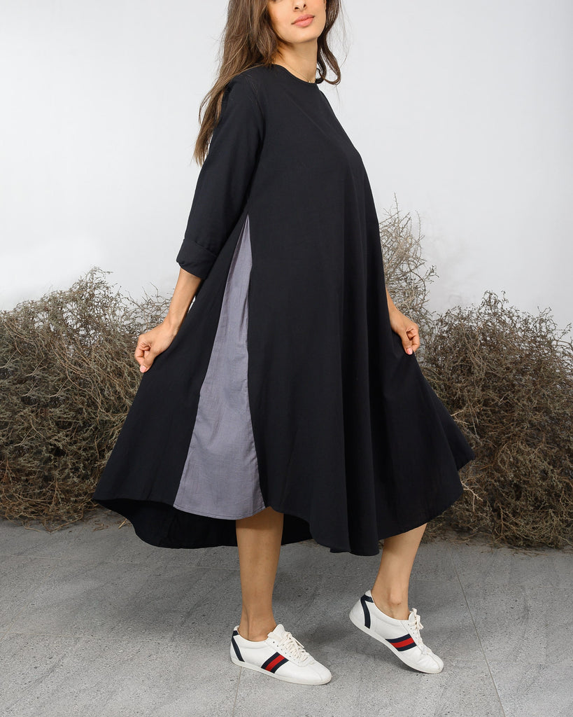 ROUND NECK W/SIDE POCKET AND DESIGN COTTON DRESS 2382 - فستان