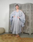 V-neck front and back embroidered with stylish klosh design and open shoulder with gathered style cotton kaftan 2623 - قفطان