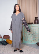 CHECKED V-NECK W/BACK METAL DOTED FLORAL SLEEVES COTTON KAFTAN 2322 - قفطان