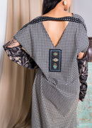 CHECKED V-NECK W/BACK METAL DOTED FLORAL SLEEVES COTTON KAFTAN 2322 - قفطان