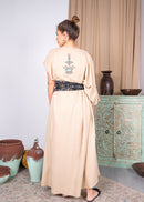 ONE SIDE OPEN SHOULDER WAISTED BELT BACK EMBROIDERED LINEN KAFTAN 2291 - قفطان