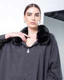 Oversized collar fur design and front zipper with short sleeves, Elastic waist with straight cut pants Activewear 2582 - ملابس رياضية