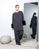 Round neck with front pocket design and long sleeves w/wide fur, Straight cut pant activewear 2585 - ملابس رياضية