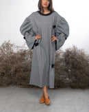 ROUND NECK GAHTERED FRONT PUSSY FOW STYLE WIDE SLEEVES DRESS 2403 - فستان