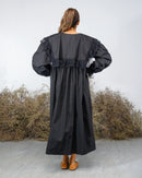ROUND NECK WAISTED GATHERED LACE SHOULDER AND SLEEVES DRESS 2401 - فستان
